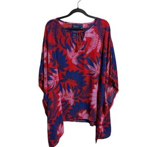 D&Co Beach Red Blue Pink Tropical Leaf Tassel V‎ Neck Caftan Cover Up M L